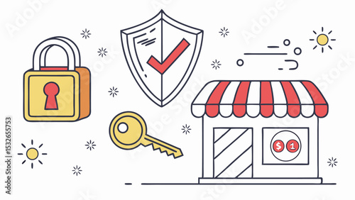 Illustration of a store with striped awning, lock, key, shield with checkmark, and suns on a white background