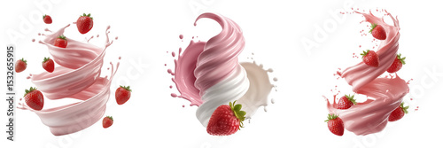 A dynamic swirl of strawberry milk with whole strawberries in the air on a transparent background