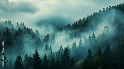 A serene forest scene unfolds at dawn, with mist rolling over lush green trees and mountains in the background