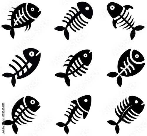 Set of Black Fish Skeleton Icons and Silhouettes