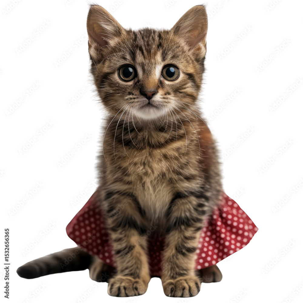 Fototapeta premium Cute kitten wearing red polka dot skirt sits adorably, showcasing its playful and charming personality. kitten big eyes and fluffy fur add to its endearing appearance, making it delightful sight