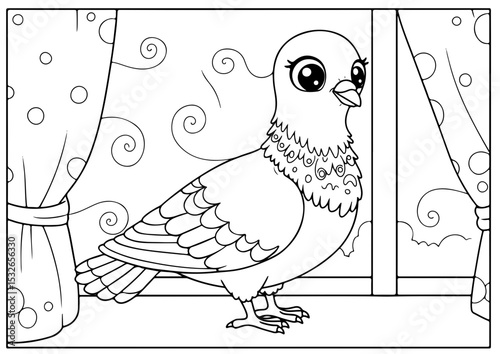 ird pigeon cartoon outline line art coloring page for adult childern kids, vector illustration, white background