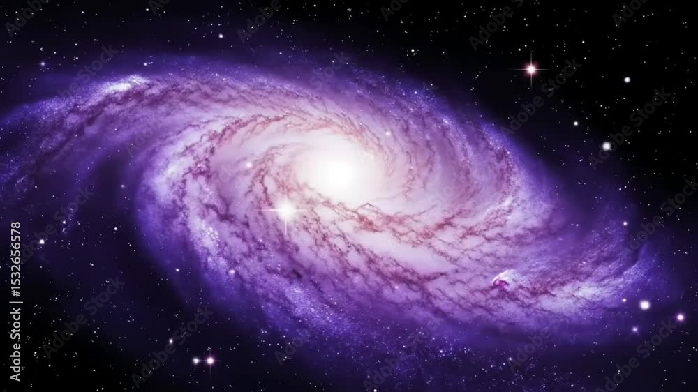 A vibrant purple spiral galaxy in a star-filled cosmic background.