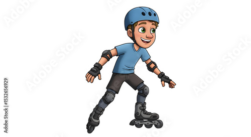 Happy Boy Roller Skating, Wearing Safety Gear Fun Illustration