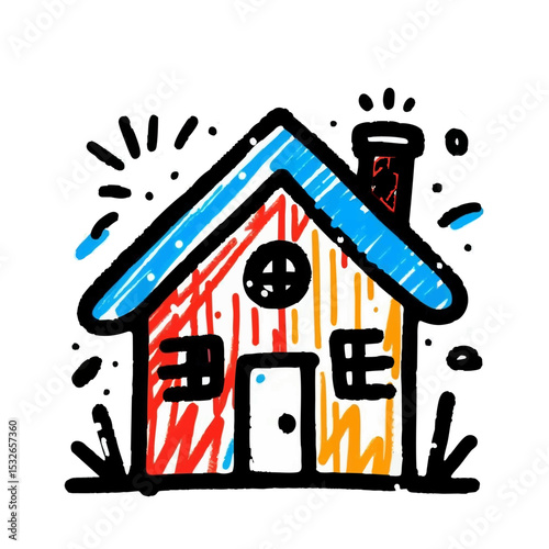 Colorful hand-drawn house illustration with vibrant details  