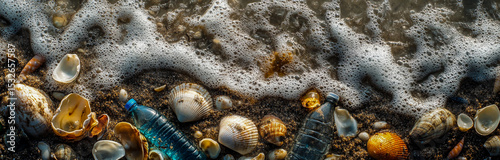 A wide panoramic image depicting plastic bottles and seashells scattered on a sandy beach, with rocks in the middle partially covered in sand, and seawater gently lapping around the scene.