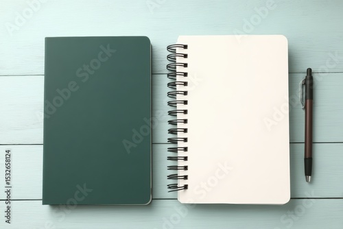 Two notebooks, one closed and one open with blank pages, and a pen lying on a light wooden surface.