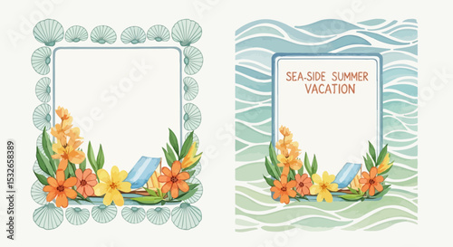 Summer Vacation Seaside Frame Tropical Flowers & Beach Chair Illustration