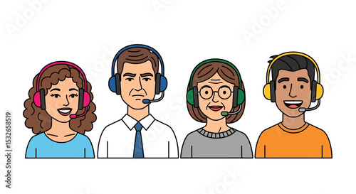 Diverse Customer Support Team  Headset Icons for Website or App