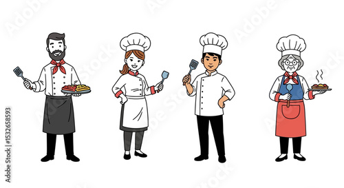 Diverse Chefs Culinary Illustration Cartoon Cooks,  Food Preparation, Restaurant Staff
