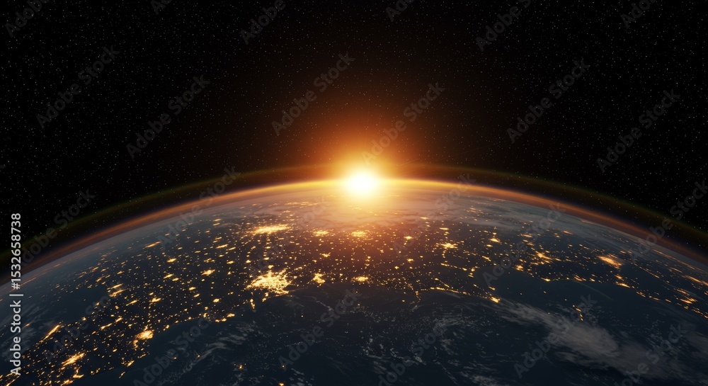 Obraz premium Spectacular Sunrise View of Earth From Space with City Lights Illuminating the Night