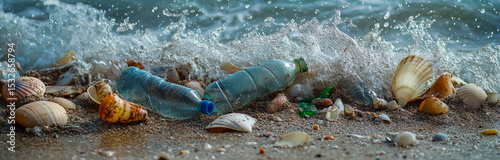 A wide panoramic image depicting plastic bottles and seashells scattered on a sandy beach, with rocks in the middle partially covered in sand, and seawater gently lapping around the scene.