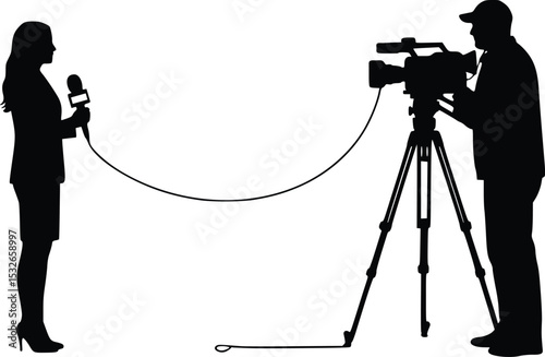 Silhouette illustration of media reporting scene with journalist holding microphone and cameraman recording with tripod camera

