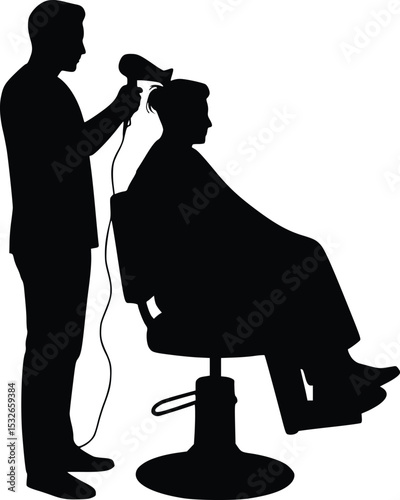 Silhouette of a hairstylist working on a seated client in a barber chair with cape and styling tool

