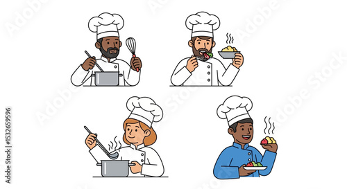 Diverse Chefs Cooking and Enjoying Delicious Food Culinary Illustrations