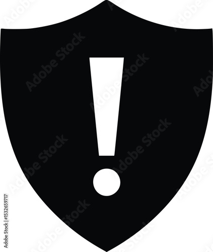 Shield-shaped icon in black with centered white exclamation mark symbolizing security, caution, and urgent alert

