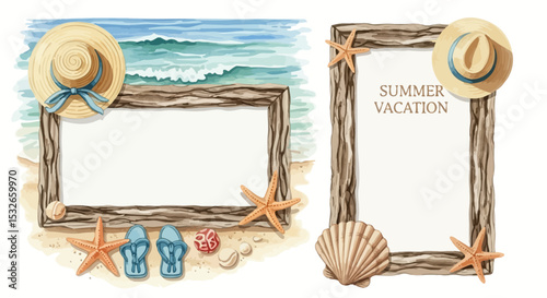 Summer Vacation Beach Frame Illustrations Watercolor Seascape and Seashells