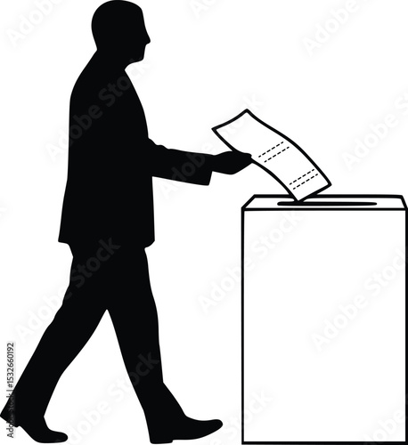 Silhouette of voter placing ballot into box, representing civic engagement, elections, and democratic participation