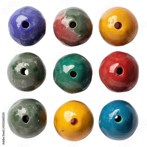 Colorful ceramic beads arranged in grid, showcasing variety of vibrant colors including purple, green, yellow, red, and blue. Each bead has unique marbled pattern, adding artistic flair
