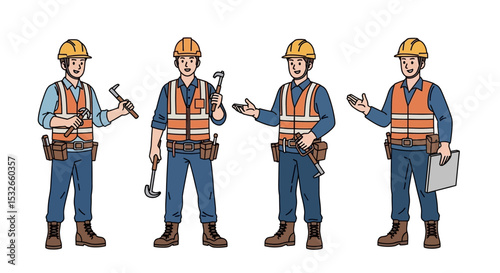 Construction Workers Illustration of Four Skilled Tradesmen with Tools
