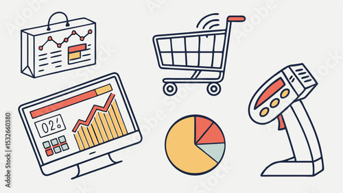 Illustration showing a shopping cart, barcode scanner, bag with chart, computer screen and pie chart object