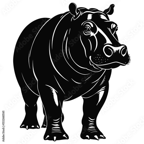 Black and White Stylized Illustration of a Hippopotamus with Bold Shading and Cartoonish Features