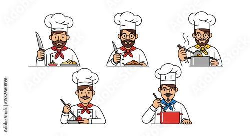 Collection of Five Cartoon Chefs Cooking Illustrations