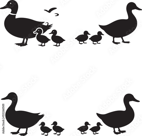 duck and ducklings silhouette vector illustration on white background 