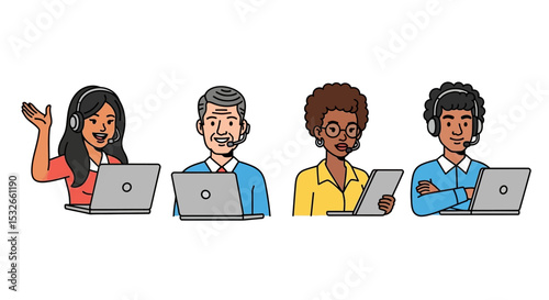 Diverse Team of Customer Support Representatives Providing Online Assistance