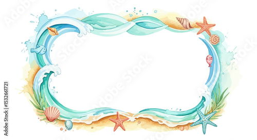 Ocean Wave Border Frame Watercolor Seashell Starfish Design for Summer