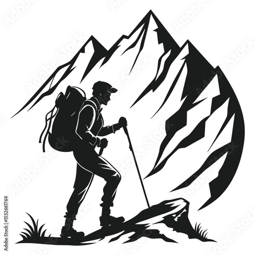 Silhouette of hiker with backpack in mountains