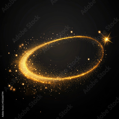Magic gold dust trail with star shaped sparkles on dark transparent background. Realistic vector illustration of circle and wave path of shine glitter and shimmer particles
