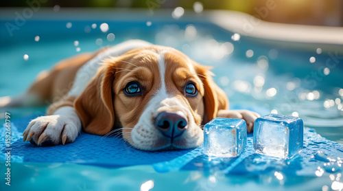 Dog cooling mat floating in pool with splashing water and melting ice cubes against refractive light with copy space