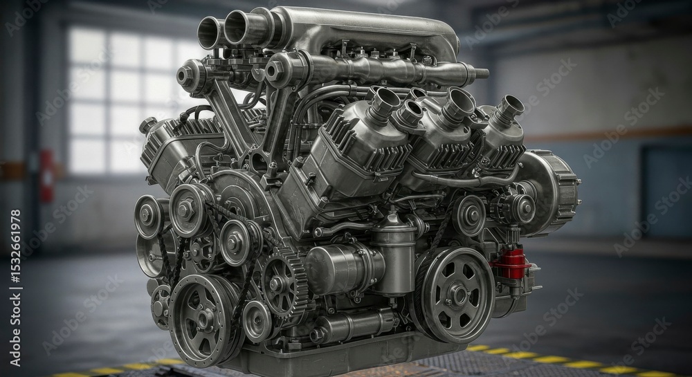 Fototapeta premium A detailed 3D rendering of a powerful, intricately designed internal combustion engine