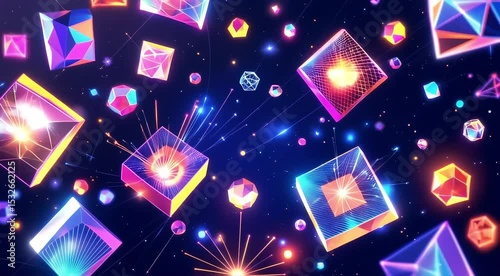  Floating geometric patterns with various geometric shapes such as squares, circles, and lines floating in a dynamic 3D space with glowing effects.