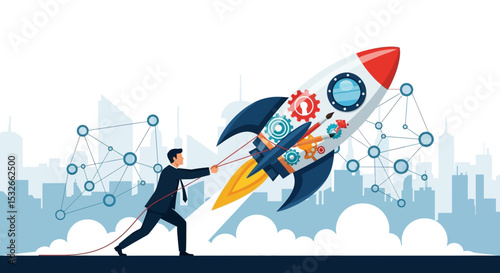 Businessman Launching Rocket Startup Success, Innovation, and Growth