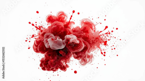 "Abstract red smoke swirl with ink-like splashes on a white background. Fluid motion, vibrant energy, and translucent textures create a dynamic, artistic visual perfect for modern design themes"