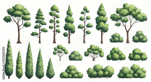 Collection of Cartoon Style Trees and Bushes  Perfect for Game Design, Illustrations, and Animations