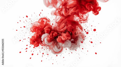 "Abstract red smoke swirl with ink-like splashes on a white background. Fluid motion, vibrant energy, and translucent textures create a dynamic, artistic visual perfect for modern design themes"