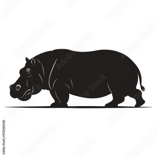 Black Silhouette of a Hippopotamus Walking Forward with Lowered Head and Sturdy Legs