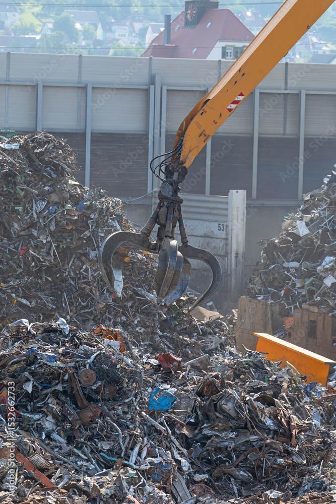 Obraz premium Hydraulikkran hebt Altmetall auf dem Schrottplatz