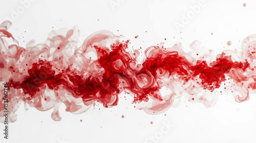 "Abstract red smoke swirl with ink-like splashes on a white background. Fluid motion, vibrant energy, and translucent textures create a dynamic, artistic visual perfect for modern design themes"