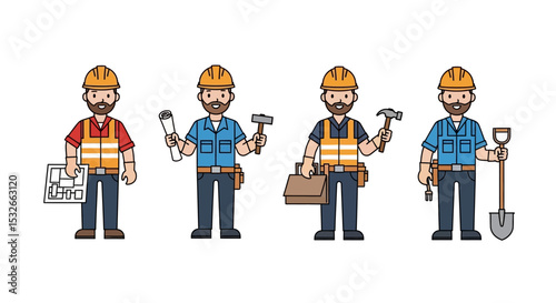Construction Workers Illustration Diverse Team of Skilled Builders