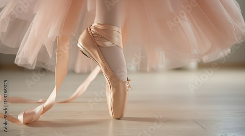 Ballet slipper in muted rose mid-pointe turn against pale hardwood floor with copy space