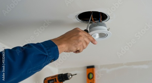 Technician installing a recessed ceiling light fixture