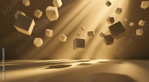  Floating polygons that shift into 3D space and slowly rotate, casting shadows on the background