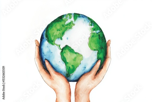 Fototapeta Naklejka Na Ścianę i Meble -  Two hands gently hold a watercolor painting of Earth, symbolizing care and protection for the planet.