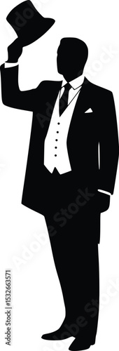 Silhouette of a man in a suit and bow tie tipping his top hat as a gesture of respect and charm