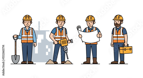 Construction Workers Illustration Set of Diverse Workers in Safety Gear