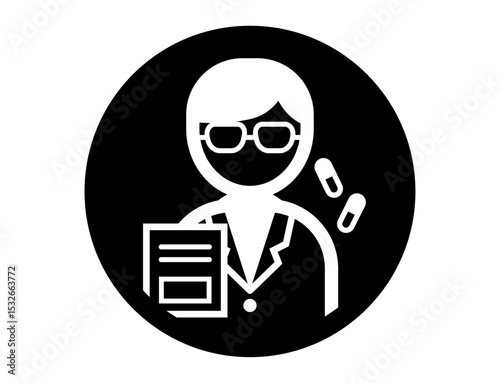 白衣を着た薬剤師のシンプルな丸いモノクロ白抜きイラストアイコン